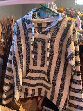 Striped Crewneck Baja Jacket - Black and Cream